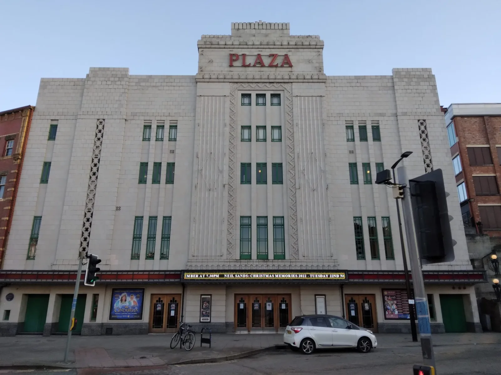 The Art Deco facade of Stockport Plaza cinema and theater.